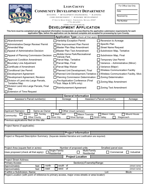 Development Application, Lyon County form, first page