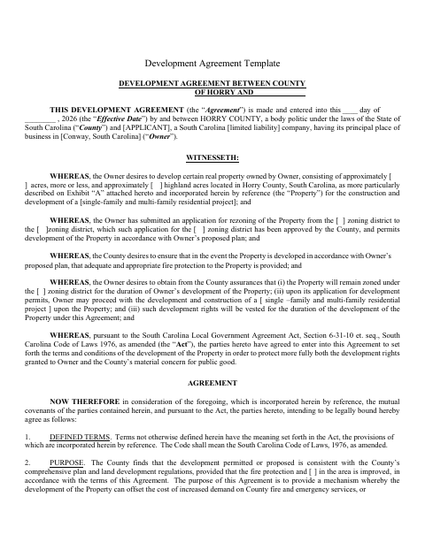 Development Agreement, Horry County form, first page