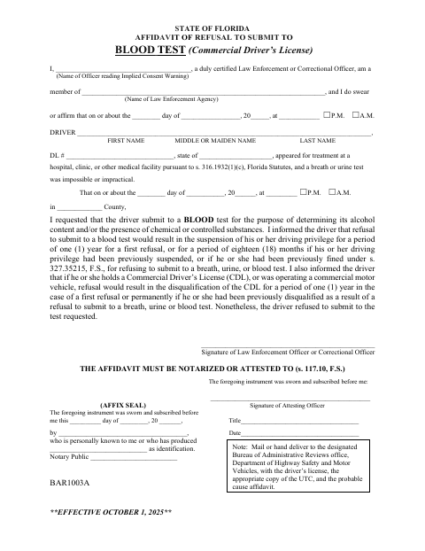 BAR1003A Affidavit of Refusal to Submit to Blood Test first page