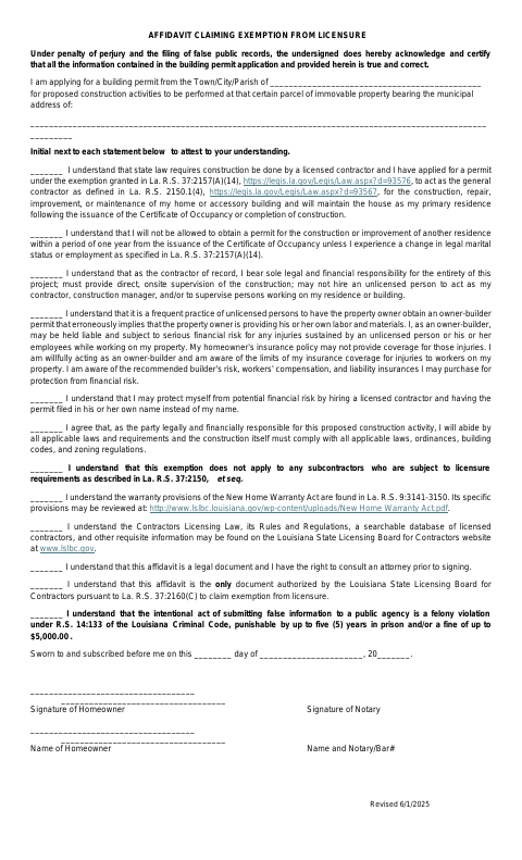 Affidavit Claiming Exemption from Licensure, Washington Parish form, first page