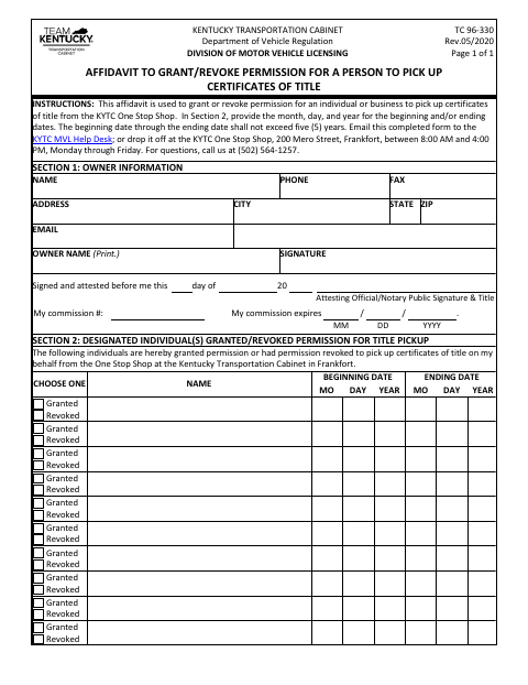 TC 96-330 Affidavit to Grant or Revoke Permission for Title Pickup first page