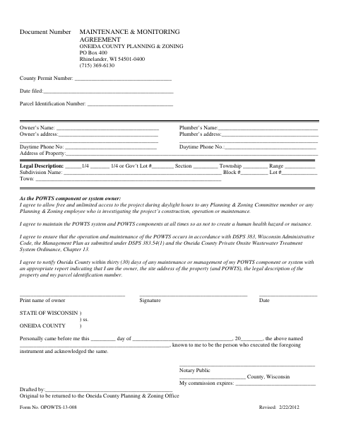 Maintenance & Monitoring Agreement, Oneida County form, first page