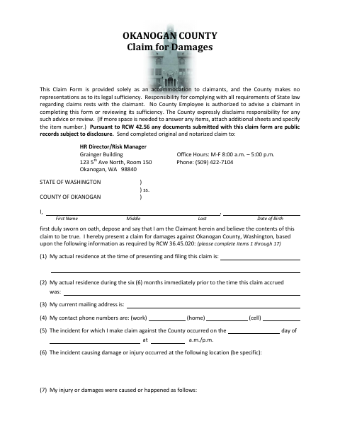 Claim for Damages, Okanogan County form, first page