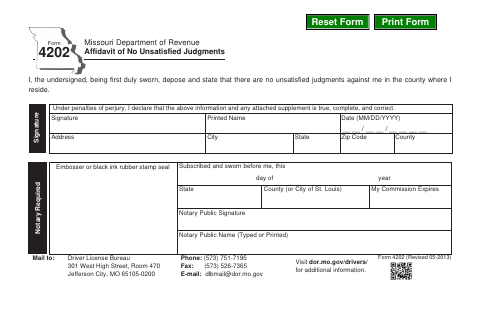 Form 4202 Affidavit of No Unsatisfied Judgments first page