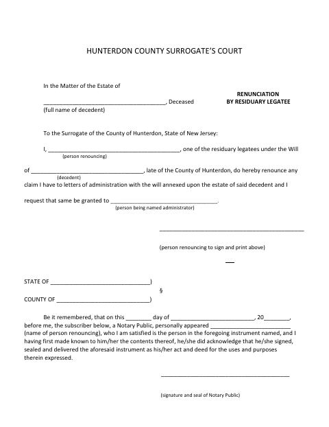 Renunciation By Residuary Legatee, Hunterdon County form, first page