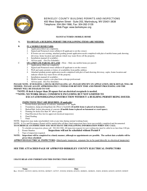 Manufactured Mobile Home Permit, Berkeley County form, first page