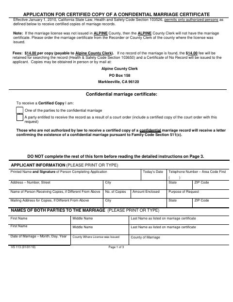 Application for Certified Copy of a Confidential Marriage Certificate, Alpine County form, first page