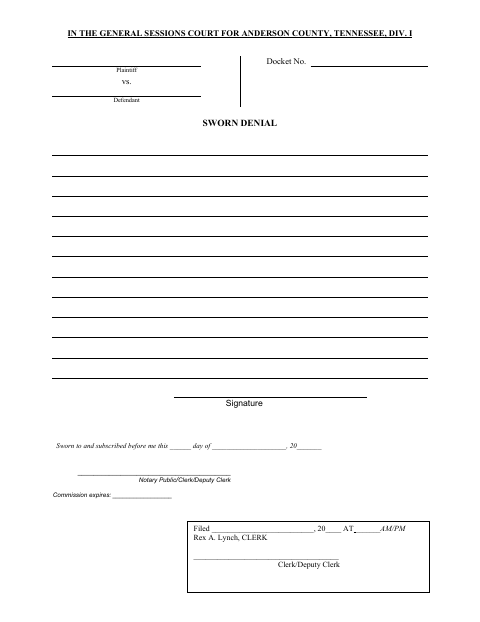 Sworn Denial, Anderson County form, first page