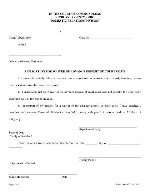 Application for Waiver of Advance Deposit of Court Costs, Richland County form, first page