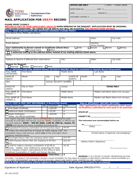 Mail Application For Death Record, Hidalgo County form, first page