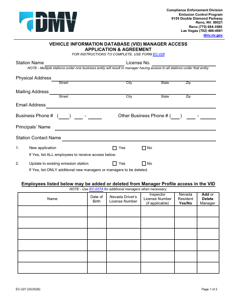 EC-027 VID Manager Access Application and Agreement first page