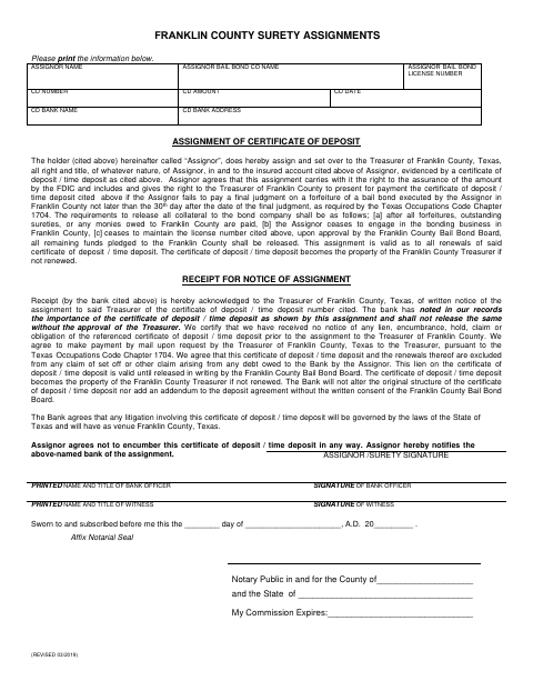 Surety Assignment, Franklin County form, first page