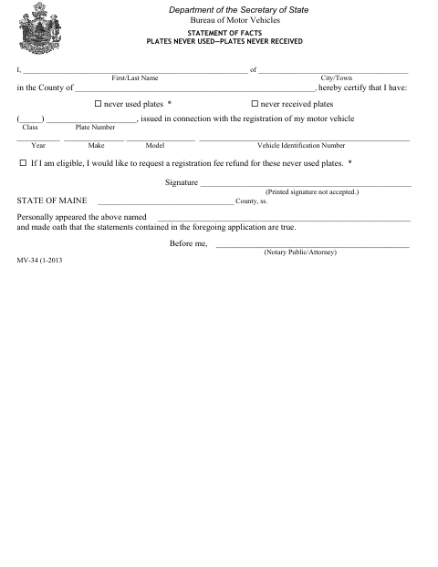 MV-34 Statement of Facts: Plates Never Used: Plates Never Received first page