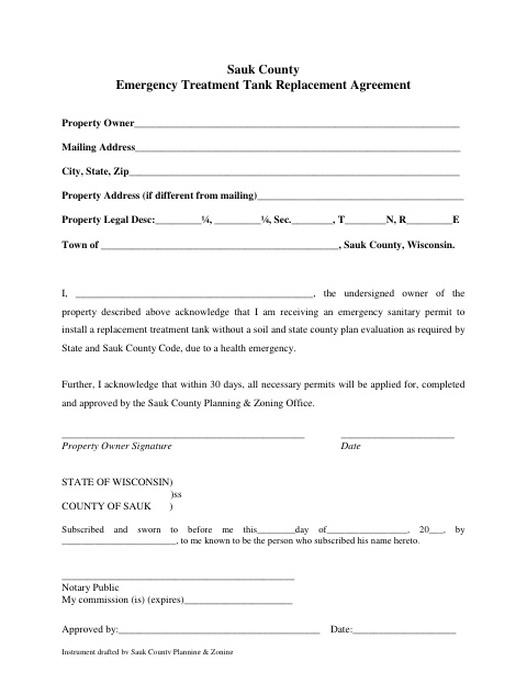Emergency Treatment Tank Replacement Agreement, Sauk County form, first page