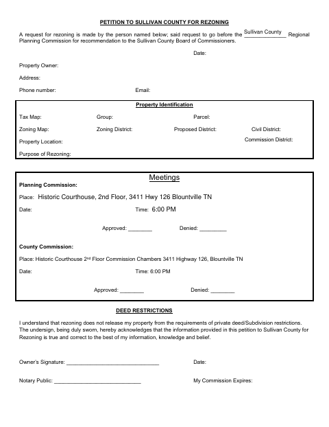 Petition for Rezoning, Sullivan County form, first page