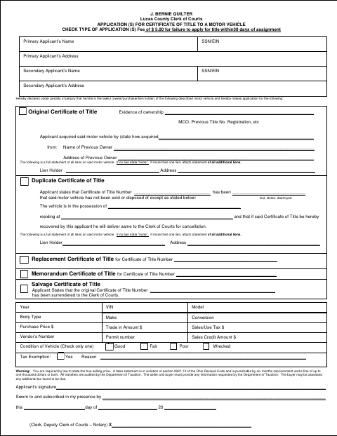 Application for Certificate of Title to a Motor Vehicle, Lucas County form, first page