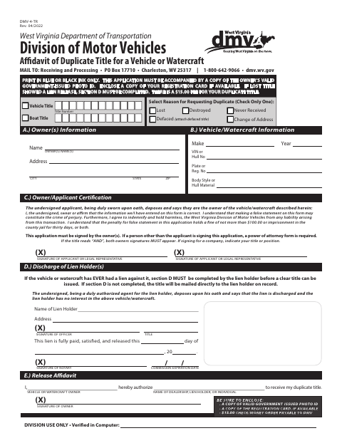 DMV-4-TR Affidavit of Duplicate Title for a Vehicle or Watercraft first page