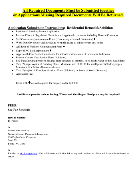 Addition/Remodel, Watauga County form, first page