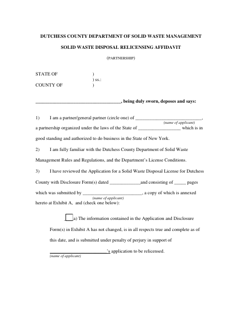 Solid Waste Disposal Relicensing Affidavit (Partnership), Dutchess County form, first page