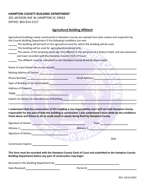 Agricultural Building Affidavit, Hampton County form, first page