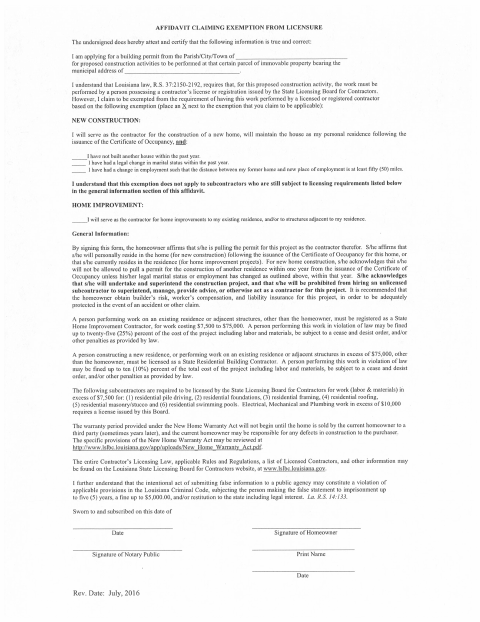 First page of the Affidavit Claiming Exemption From Licensure