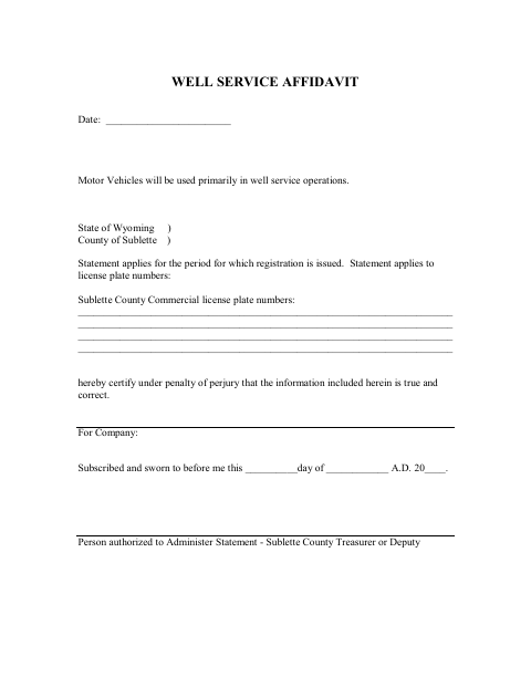 Well Service Affidavit, Sublette County form, first page