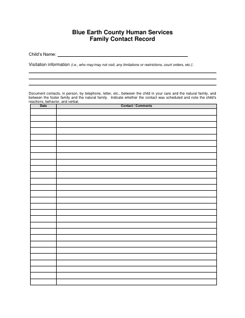 First page of the Family Contact Record