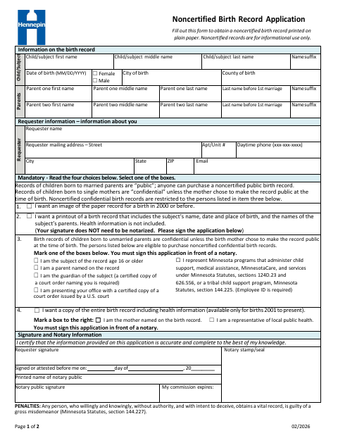 Noncertified Birth Record Application, Hennepin County form, first page