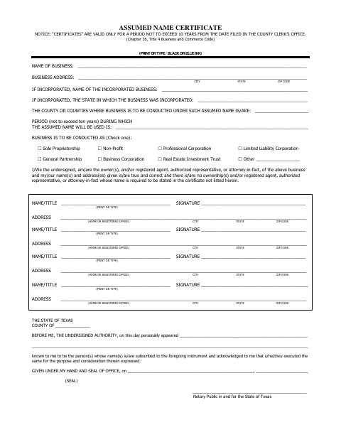 Assumed Name Certificate, Starr County form, first page