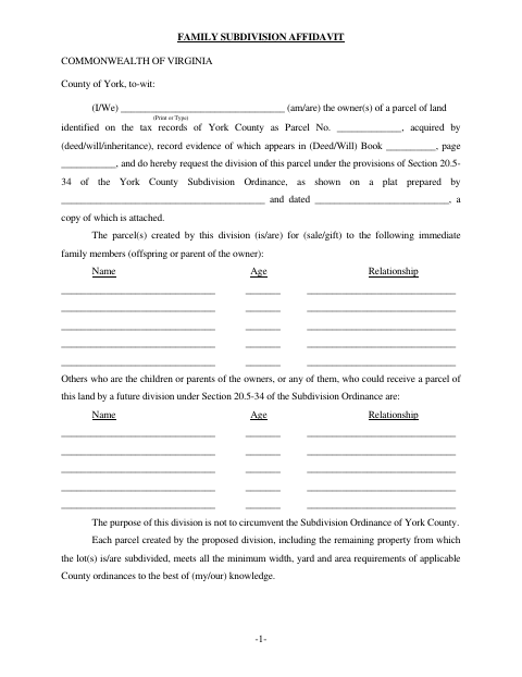 Family Subdivision Affidavit, York County form, first page