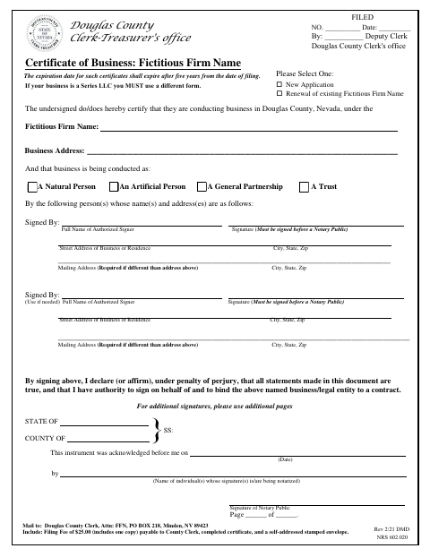 Certificate Of Business: Fictitious Firm Name, Douglas County form, first page