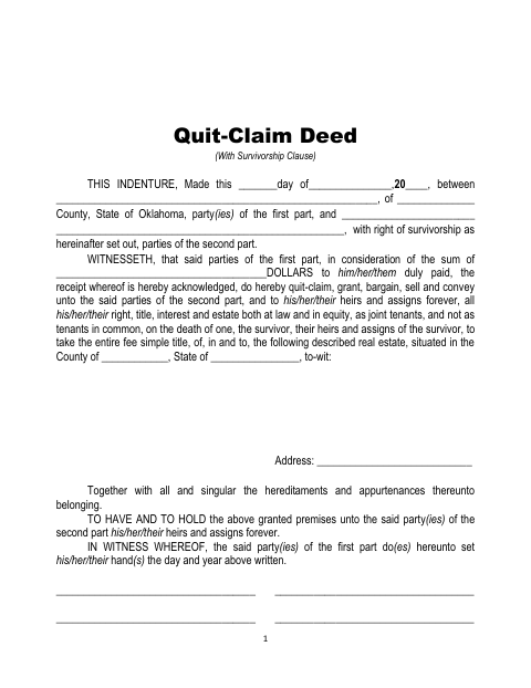 Quitclaim Deed With Survivorship Clause, Rogers County form, first page