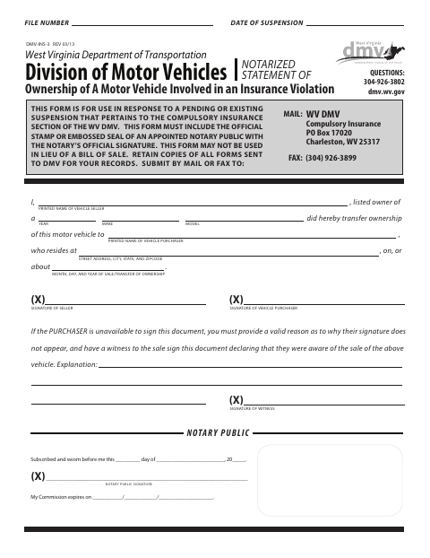 DMV-INS-3 Ownership of a Motor Vehicle Involved in an Insurance Violation first page
