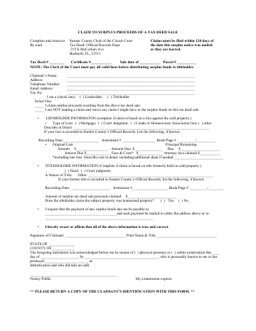 claim to surplus proceeds of a tax deed sale — Sumter County form, first page