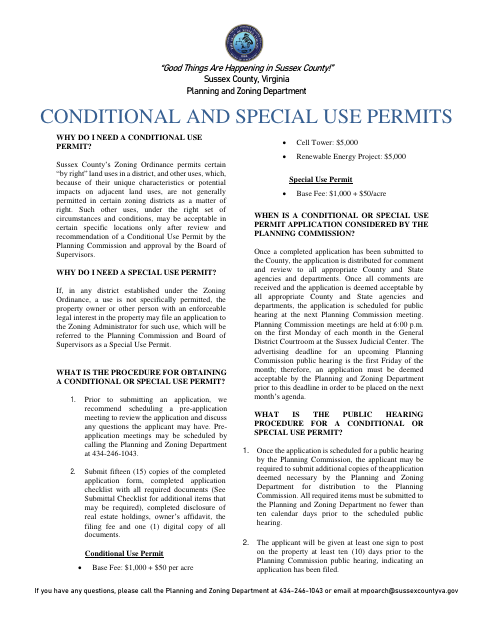 Conditional and Special Use Permit Application, Sussex County form, first page