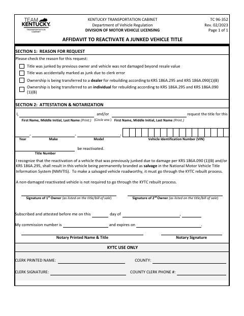 TC 96-352 Affidavit to Reactivate a Junked Vehicle Title first page