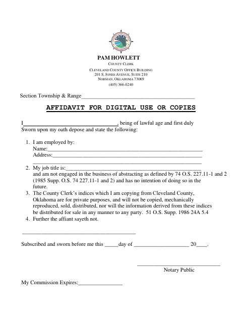 Affidavit For Digital Use Or Copies, Cleveland County form, first page