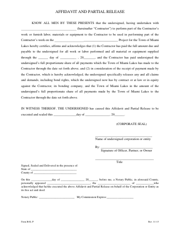 First page of the Affidavit and Partial Release of Lien