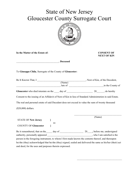 Consent of Next of Kin, Gloucester County form, first page