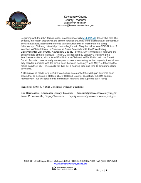 Notice of Intention to Claim Interest in Foreclosure Sales Proceeds, Keweenaw County form, first page
