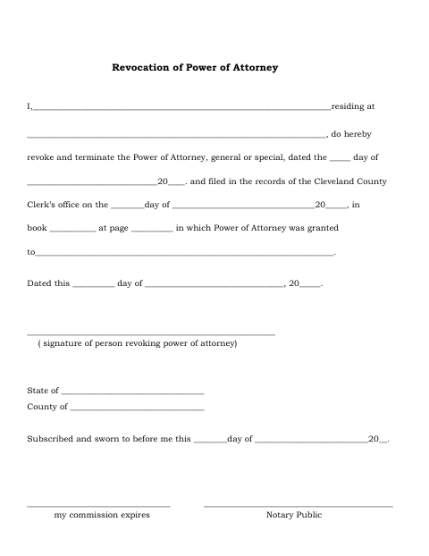 Revocation of Power of Attorney, Cleveland County form, first page