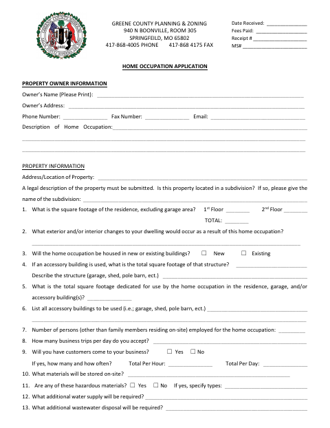 Home Occupation Application, Greene County form, first page