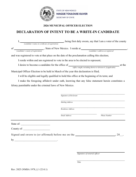 First page of the Declaration of Intent to Be a Write-In Candidate