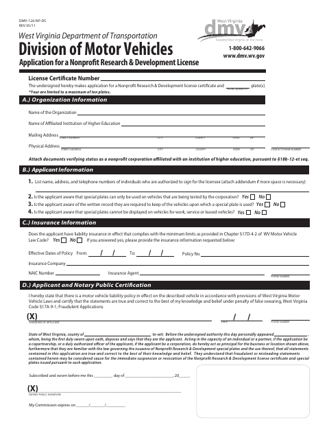 DMV-126-NP-DS Application for a Nonprofit Research and Development License first page