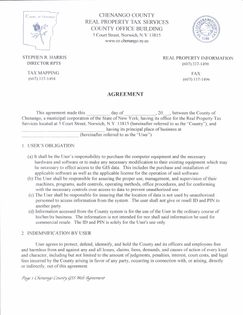 GIS Web Agreement, Chenango County form, first page