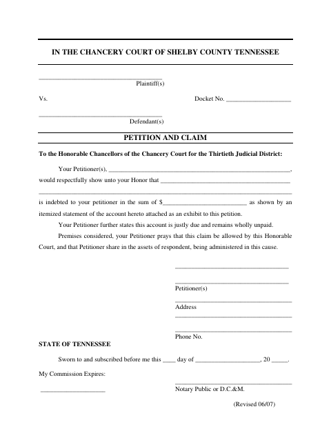 Petition and Claim, Shelby County form, first page