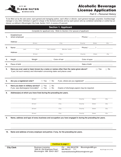 First page of the Alcoholic Beverage License Application Part II – Personal History