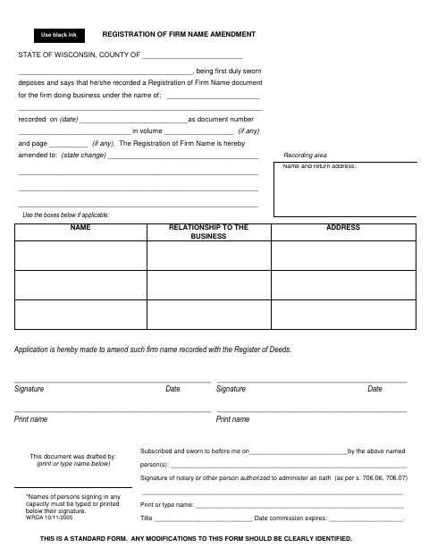 Firm Name Amendment, Door County form, first page