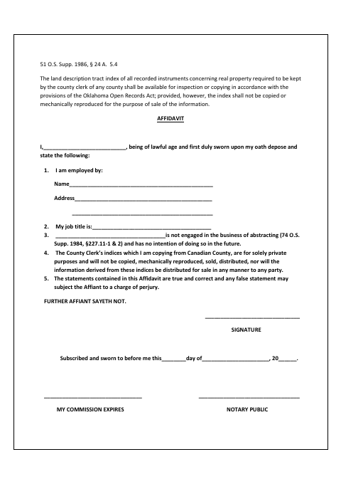 Tract Index Affidavit, Canadian County form, first page