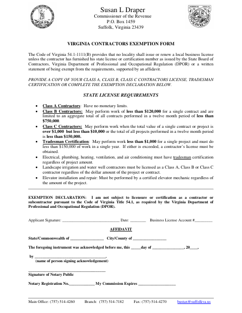 Virginia Contractors Exemption Form, City of Suffolk form, first page